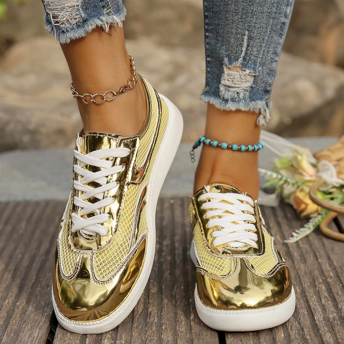 New Women's Sneakers Breathabl - Knit Fabric Lace Up Sneakers 评论和价格