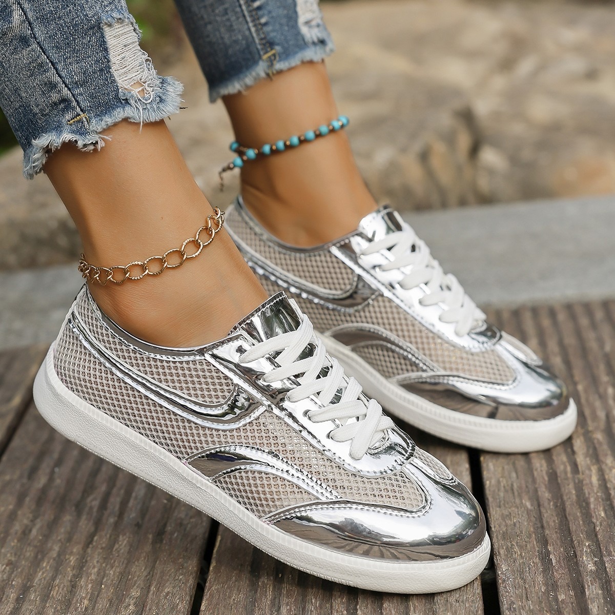 New Women's Sneakers Breathabl - Knit Fabric Lace Up Sneakers 评论和价格