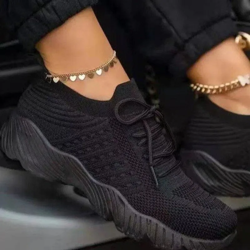 Women's Casual Knit Sneakers B - Knit Fabric Lace Up Sneakers 评论和价格