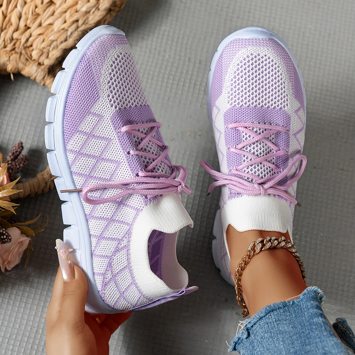 Women Knit Sock Sneakers, Rhom - Knit Fabric Lace Up Sneakers 评论和价格