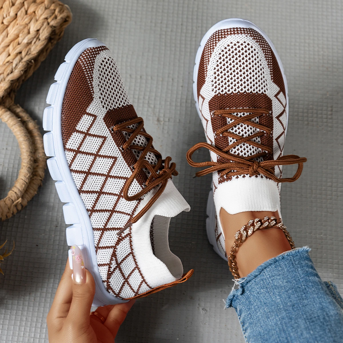Women Knit Sock Sneakers, Rhom - Knit Fabric Lace Up Sneakers 评论和价格