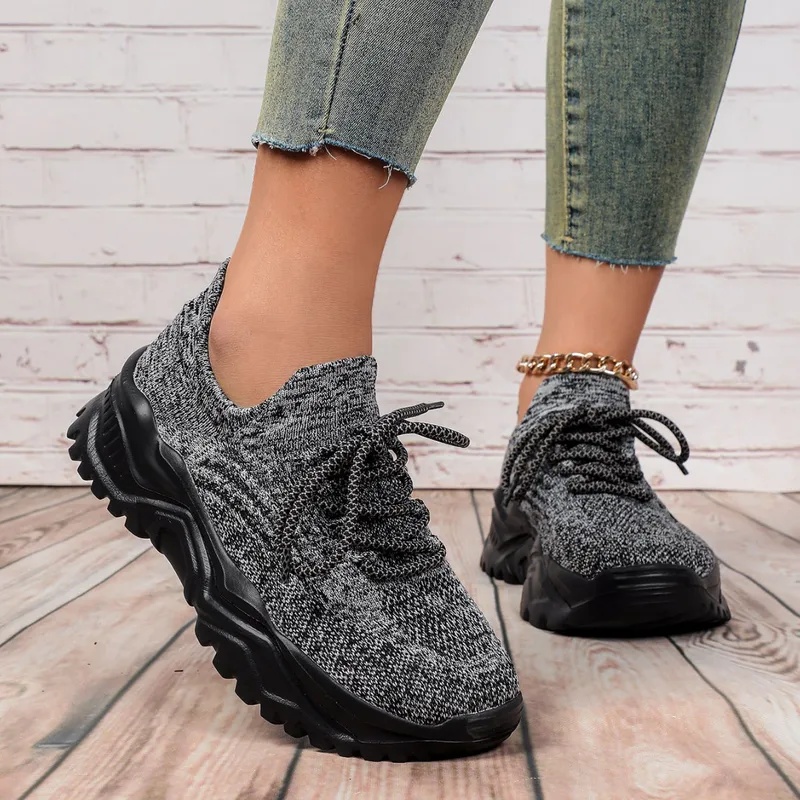 Fashion Chunky Platform Sneake - Knit Fabric Lace Up Sneakers 评论和价格