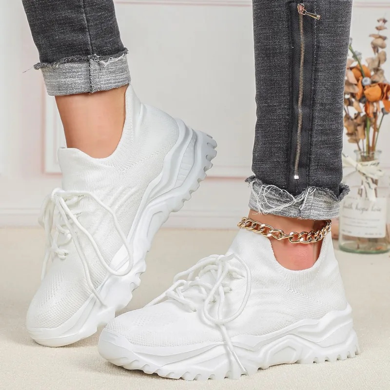 Fashion Chunky Platform Sneake - Knit Fabric Lace Up Sneakers 评论和价格